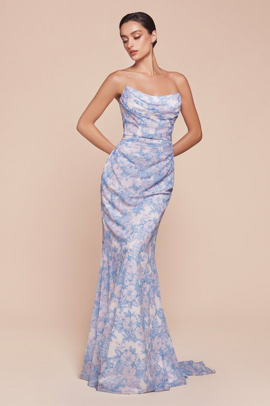 CD25-7445 STRAPLESS FLORAL PRINTED SOFT SATIN DRESS