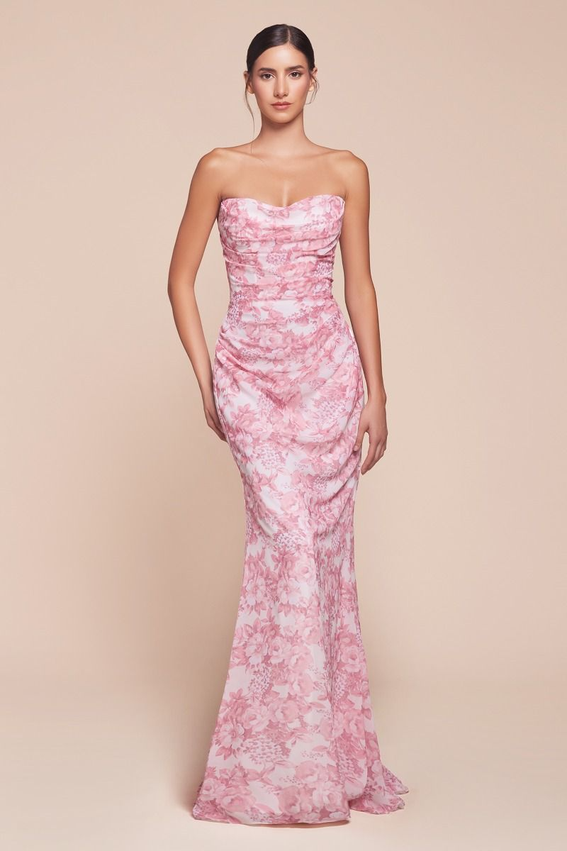 CD25-7445 STRAPLESS FLORAL PRINTED SOFT SATIN DRESS
