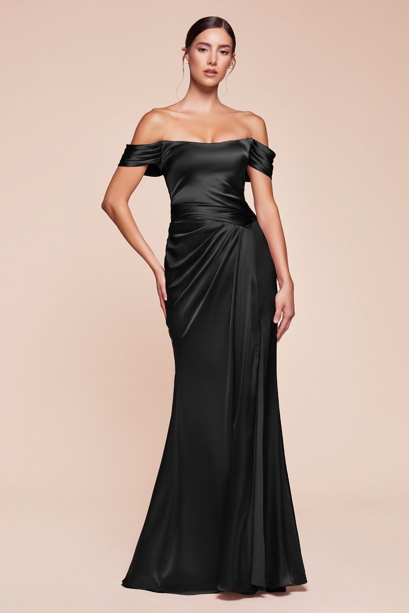 CD25-7452 OFF THE SHOULDER LACE UP CORSET SATIN GOWN