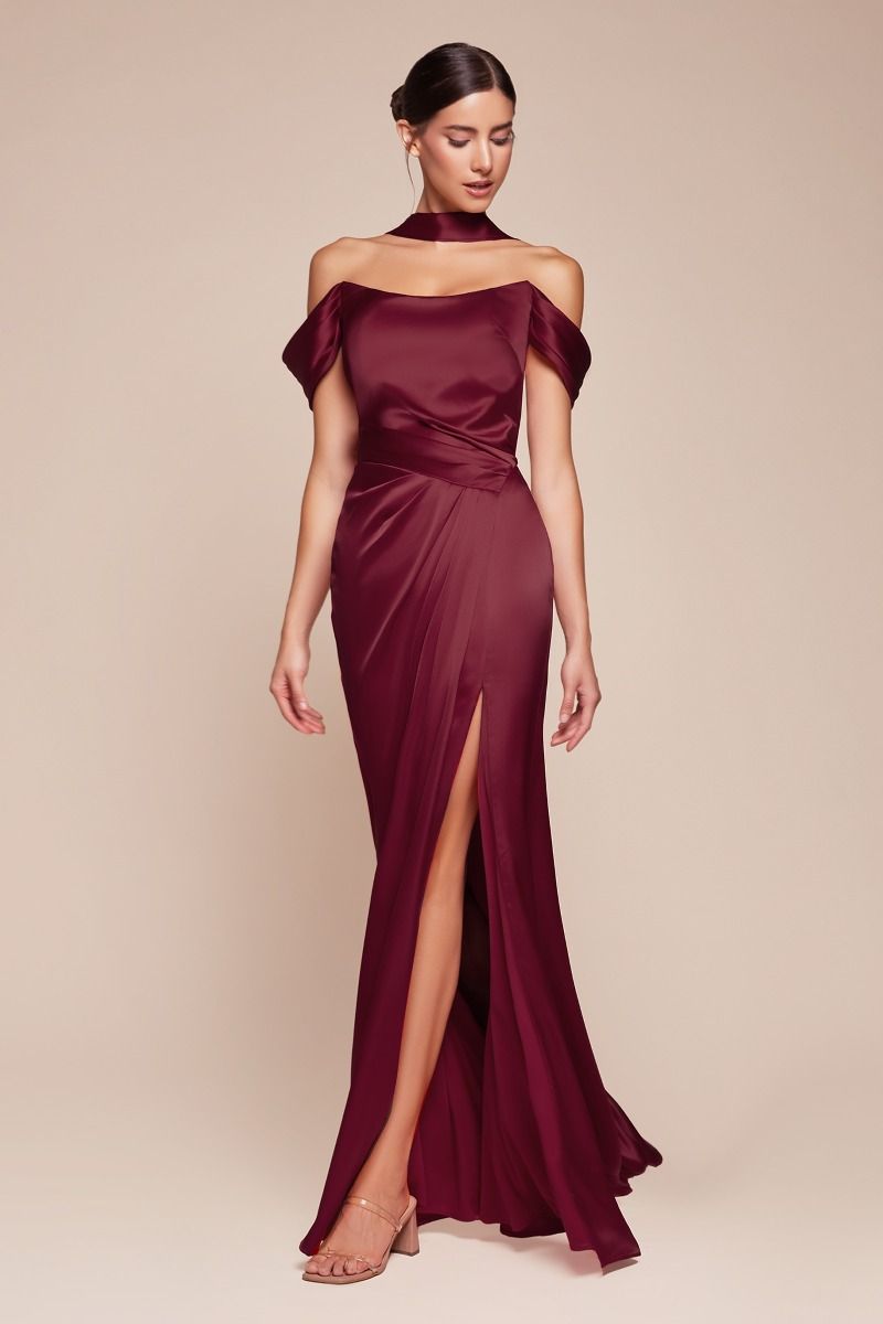CD25-7452 OFF THE SHOULDER LACE UP CORSET SATIN GOWN