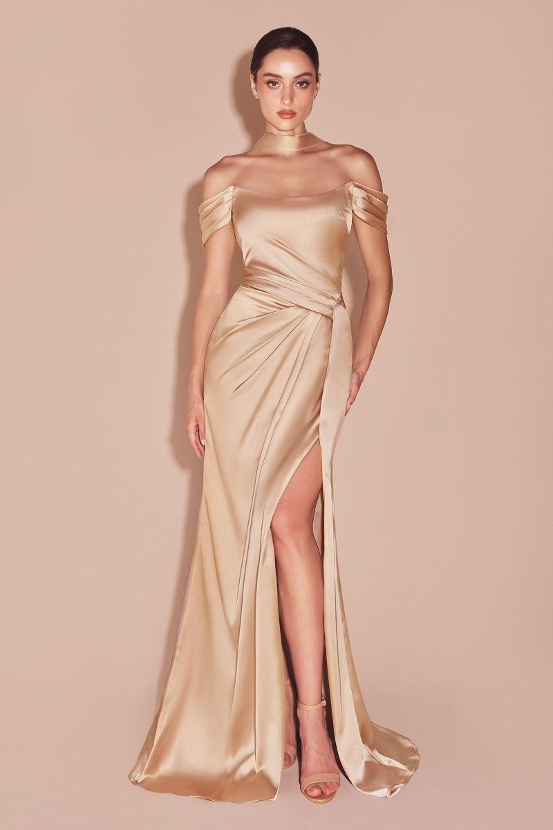 CD25-7452 OFF THE SHOULDER LACE UP CORSET SATIN GOWN