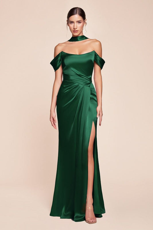 CD25-7452 OFF THE SHOULDER LACE UP CORSET SATIN GOWN