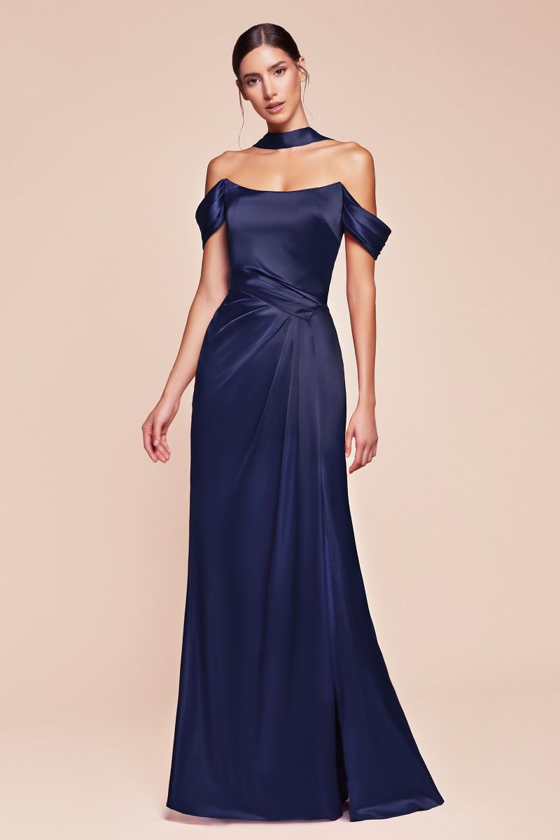 CD25-7452 OFF THE SHOULDER LACE UP CORSET SATIN GOWN
