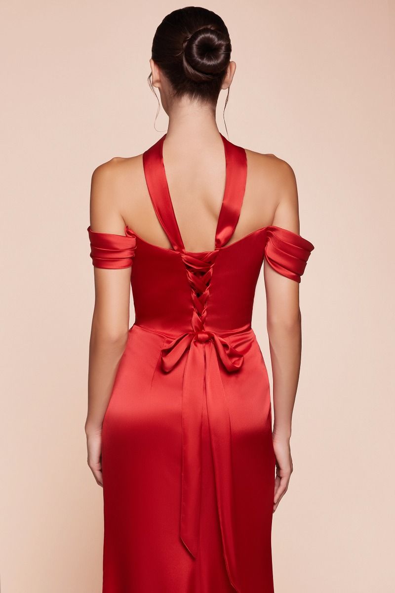 CD25-7452 OFF THE SHOULDER LACE UP CORSET SATIN GOWN