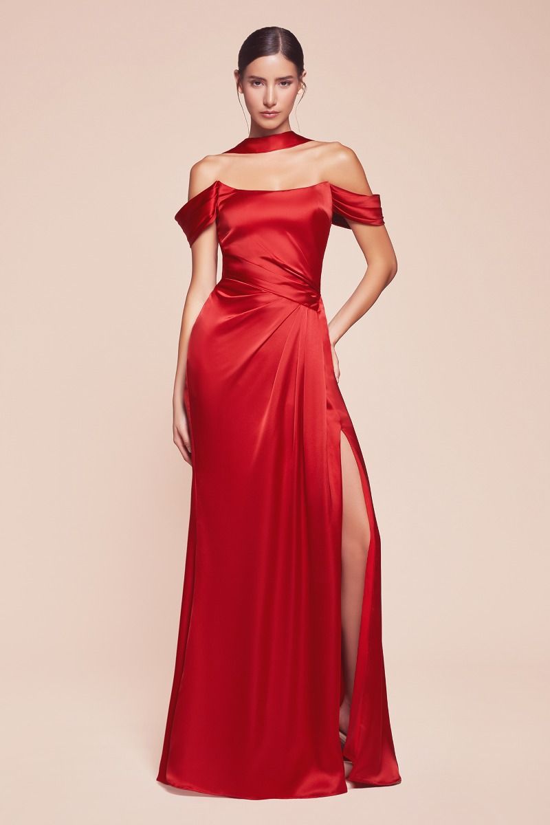 CD25-7452 OFF THE SHOULDER LACE UP CORSET SATIN GOWN