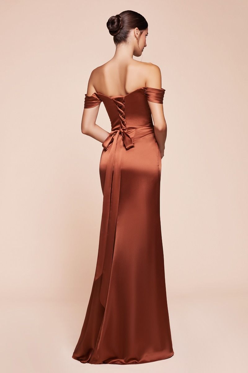 CD25-7452 OFF THE SHOULDER LACE UP CORSET SATIN GOWN