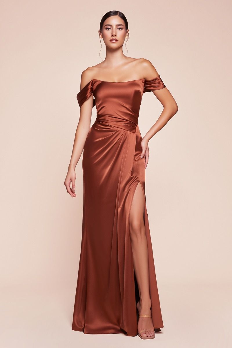 CD25-7452 OFF THE SHOULDER LACE UP CORSET SATIN GOWN