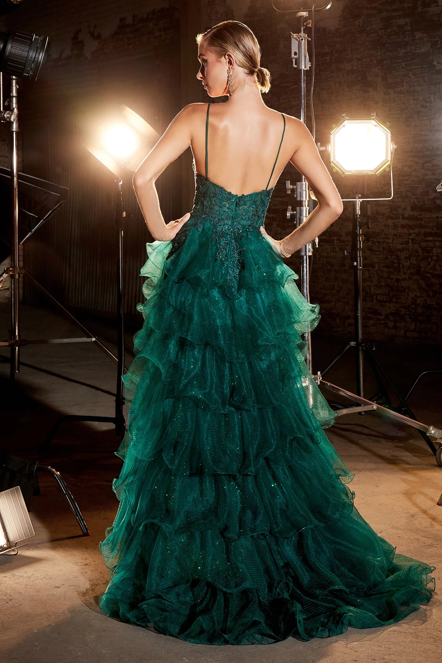 CD24-CC2998 TIERED EMERALD BALL GOWN WITH LACE DETAILS