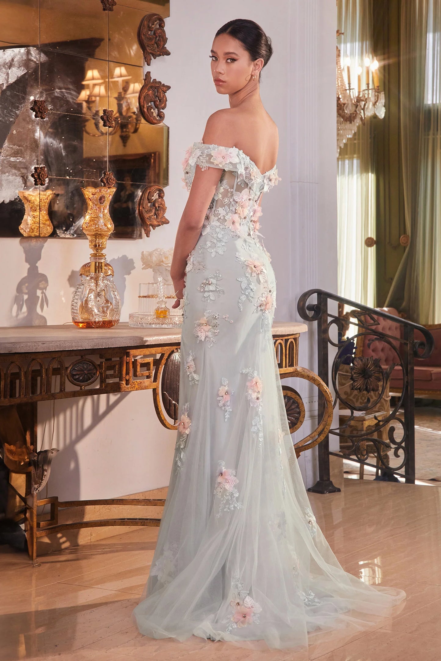 CD25-CD005 OFF THE SHOULDER FLORAL APPLIQUE GOWN