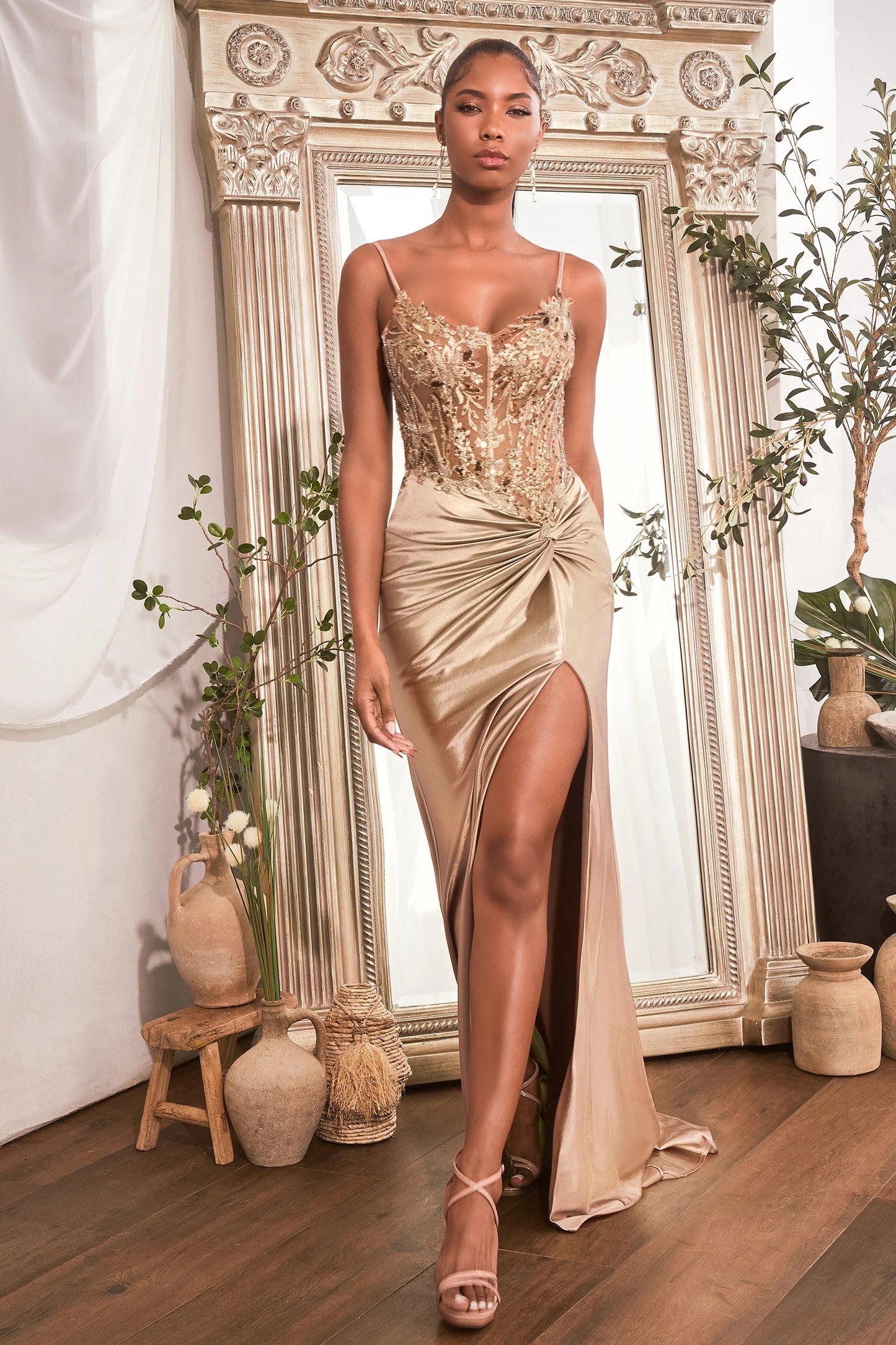 CD24-CD0176 FITTED SATIN GOWN WITH EMBELLISHED BODICE