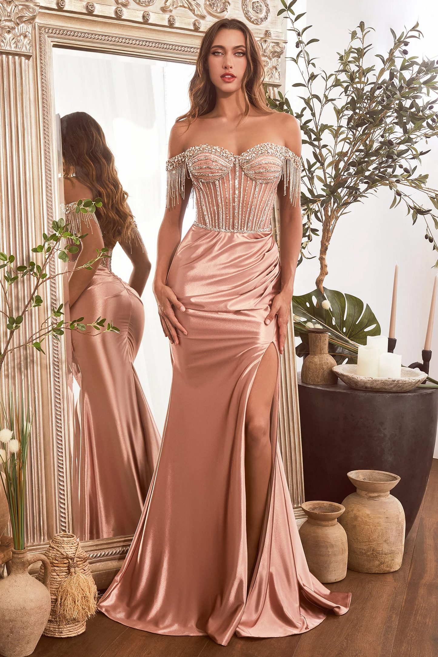 CD24-CD821 EMBELLISHED OFF THE SHOULDER SATIN GOWN