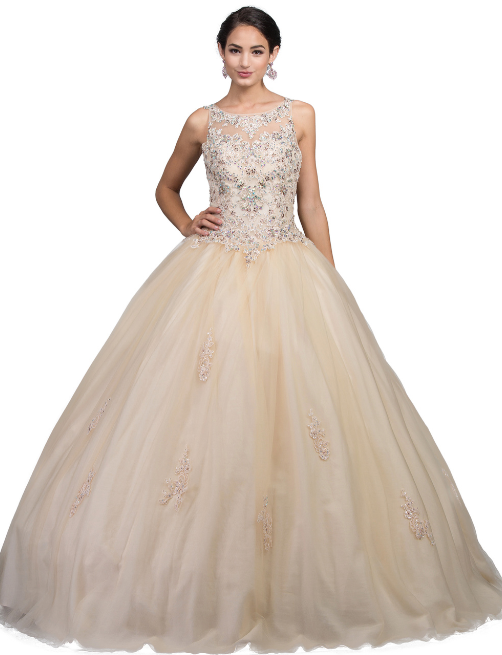 DQ24-1228 Illusion Bateau Neck Beaded Lace Quinceanera Gown