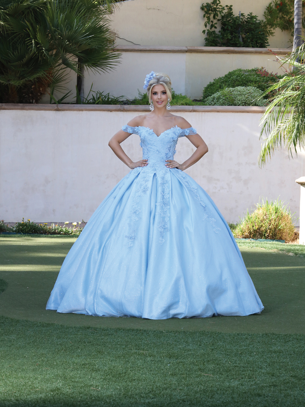 DQ24-1501 OFF SHOULDER TOP WITH 3D STYLIZED FLOWERS WITH FULL TULLE BEADED DETAILED BALLGOWN