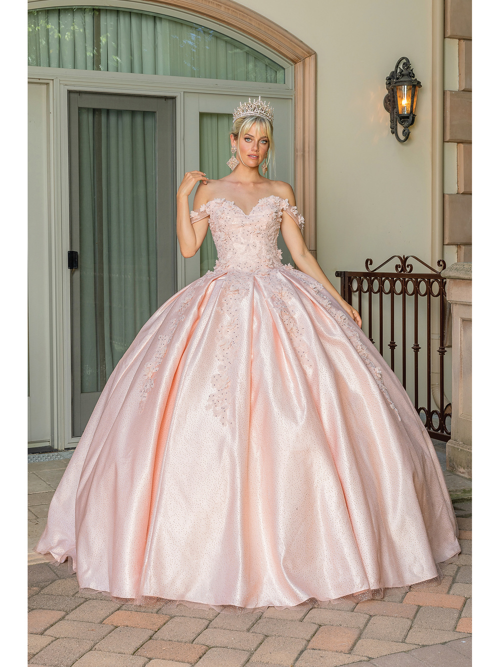 DQ24-1501 OFF SHOULDER TOP WITH 3D STYLIZED FLOWERS WITH FULL TULLE BEADED DETAILED BALLGOWN