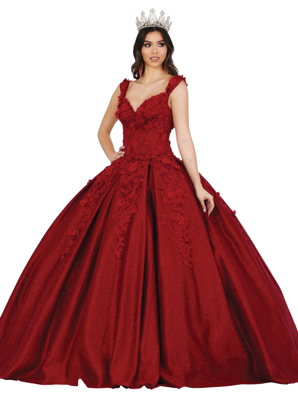 DQ24-1501 OFF SHOULDER TOP WITH 3D STYLIZED FLOWERS WITH FULL TULLE BEADED DETAILED BALLGOWN