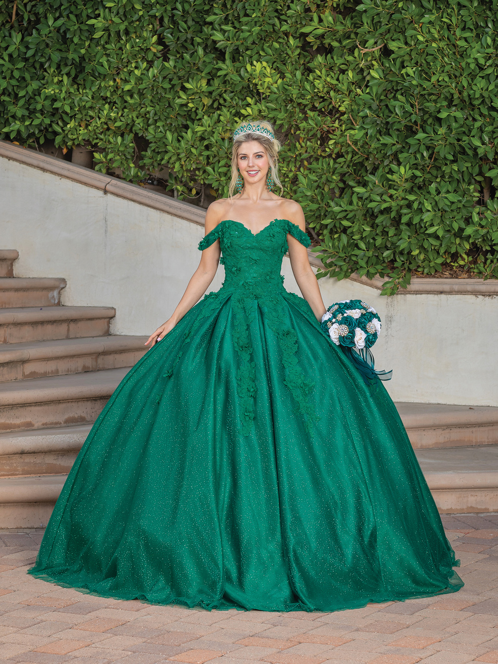 DQ24-1501 OFF SHOULDER TOP WITH 3D STYLIZED FLOWERS WITH FULL TULLE BEADED DETAILED BALLGOWN