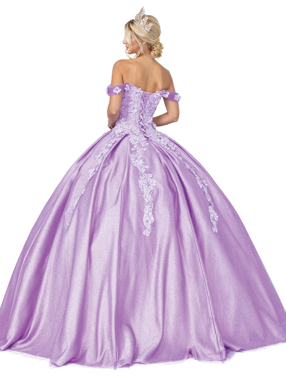 DQ24-1501 OFF SHOULDER TOP WITH 3D STYLIZED FLOWERS WITH FULL TULLE BEADED DETAILED BALLGOWN