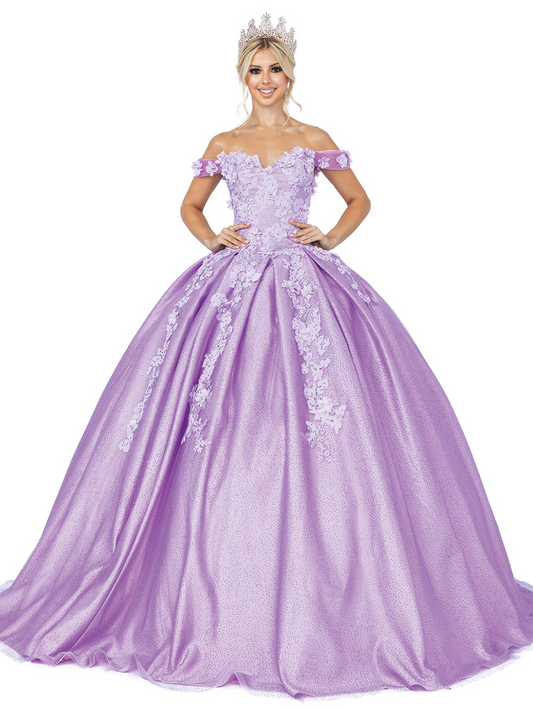 DQ24-1501 OFF SHOULDER TOP WITH 3D STYLIZED FLOWERS WITH FULL TULLE BEADED DETAILED BALLGOWN