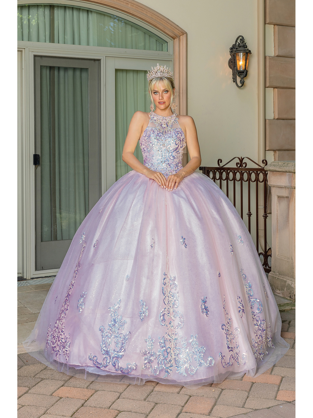 DQ24-1630 SHEER HALTER TOP EMBELLISHED TULLE FLORAL DETAILED BALLGOWN