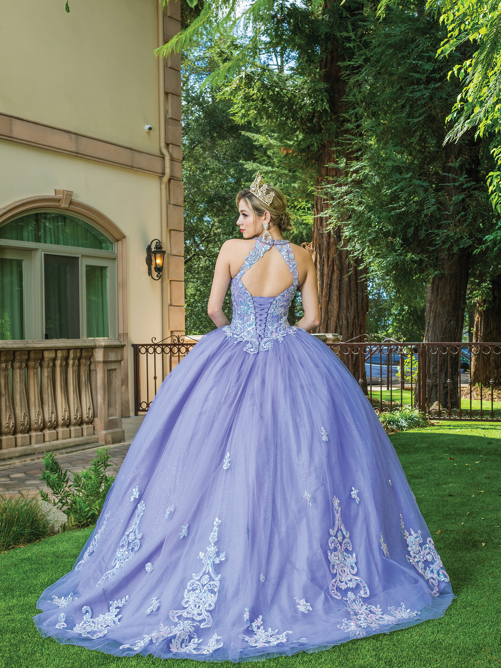 DQ24-1630 SHEER HALTER TOP EMBELLISHED TULLE FLORAL DETAILED BALLGOWN