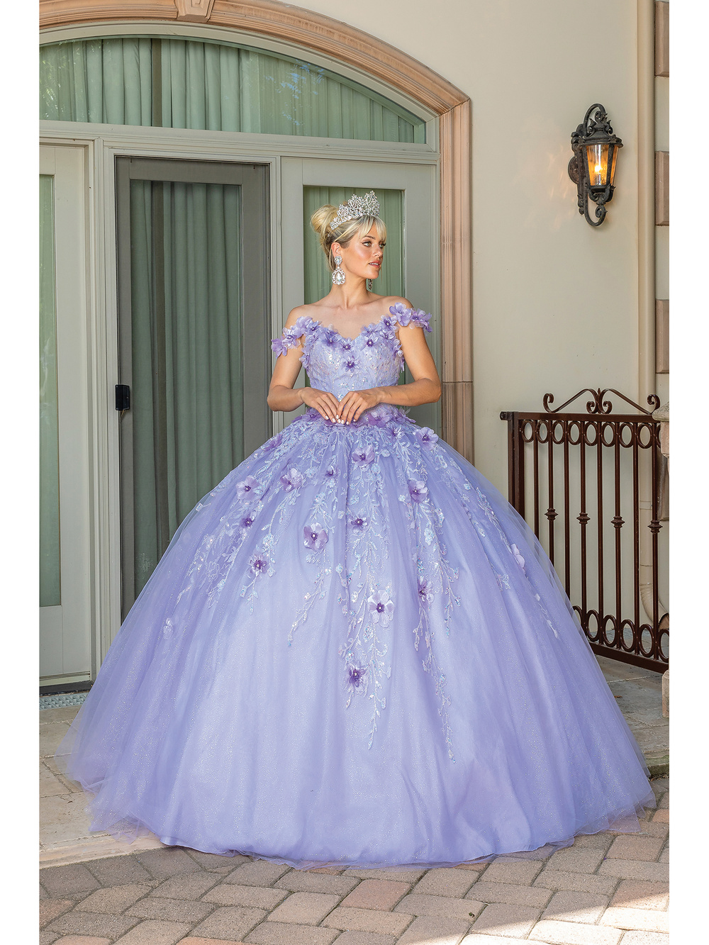 DQ24-1703 OFF SHOULDER TOP 3D FLOWER DETAILING FLORAL EMBROIDERY FULL TULLE SKIRT BALLGOWN