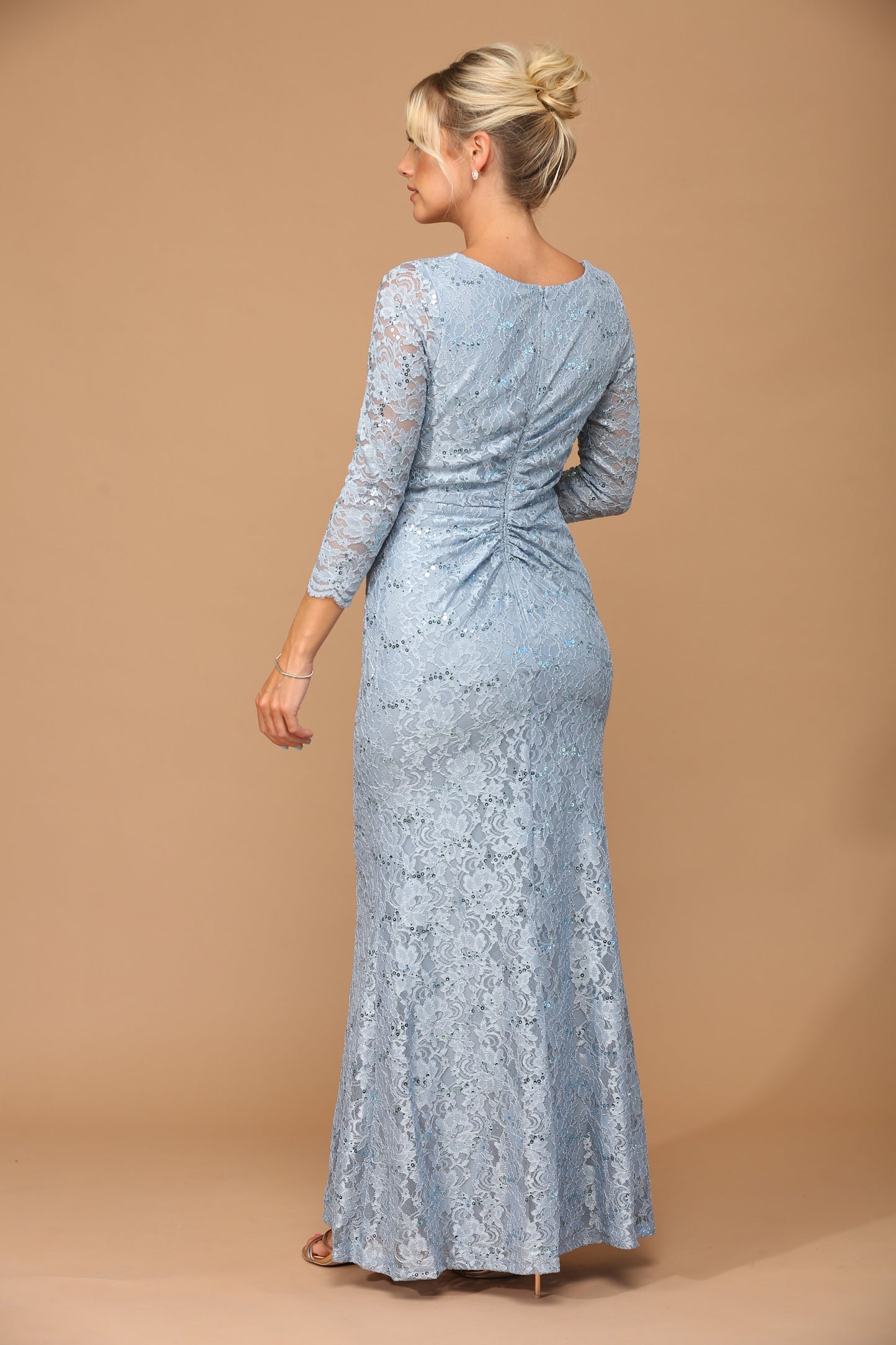 EA24-3397 SHEATH 3/4 SLEEVE LACE DRESS WITH RUCHING DETAILS