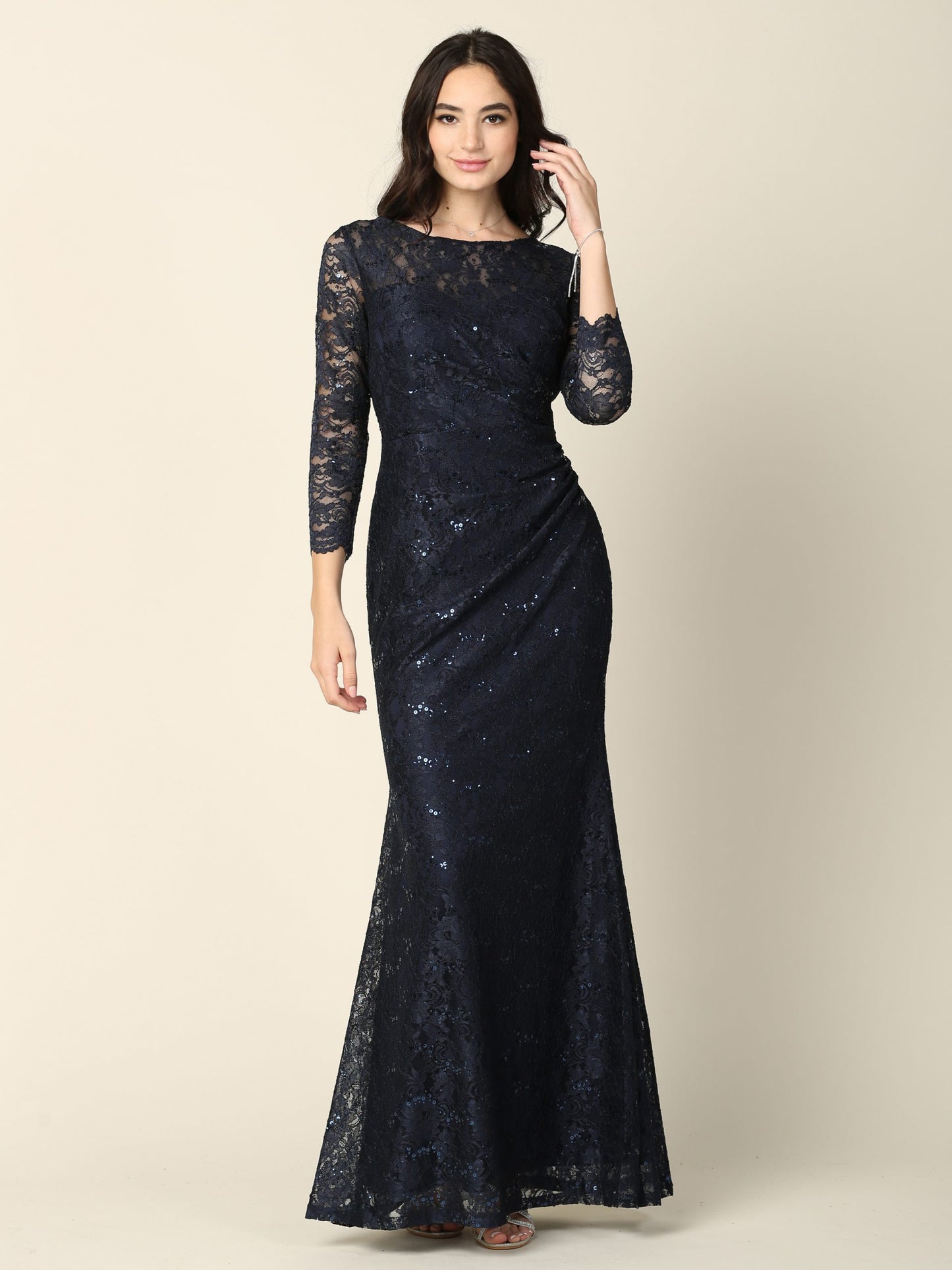 EA24-3397 SHEATH 3/4 SLEEVE LACE DRESS WITH RUCHING DETAILS