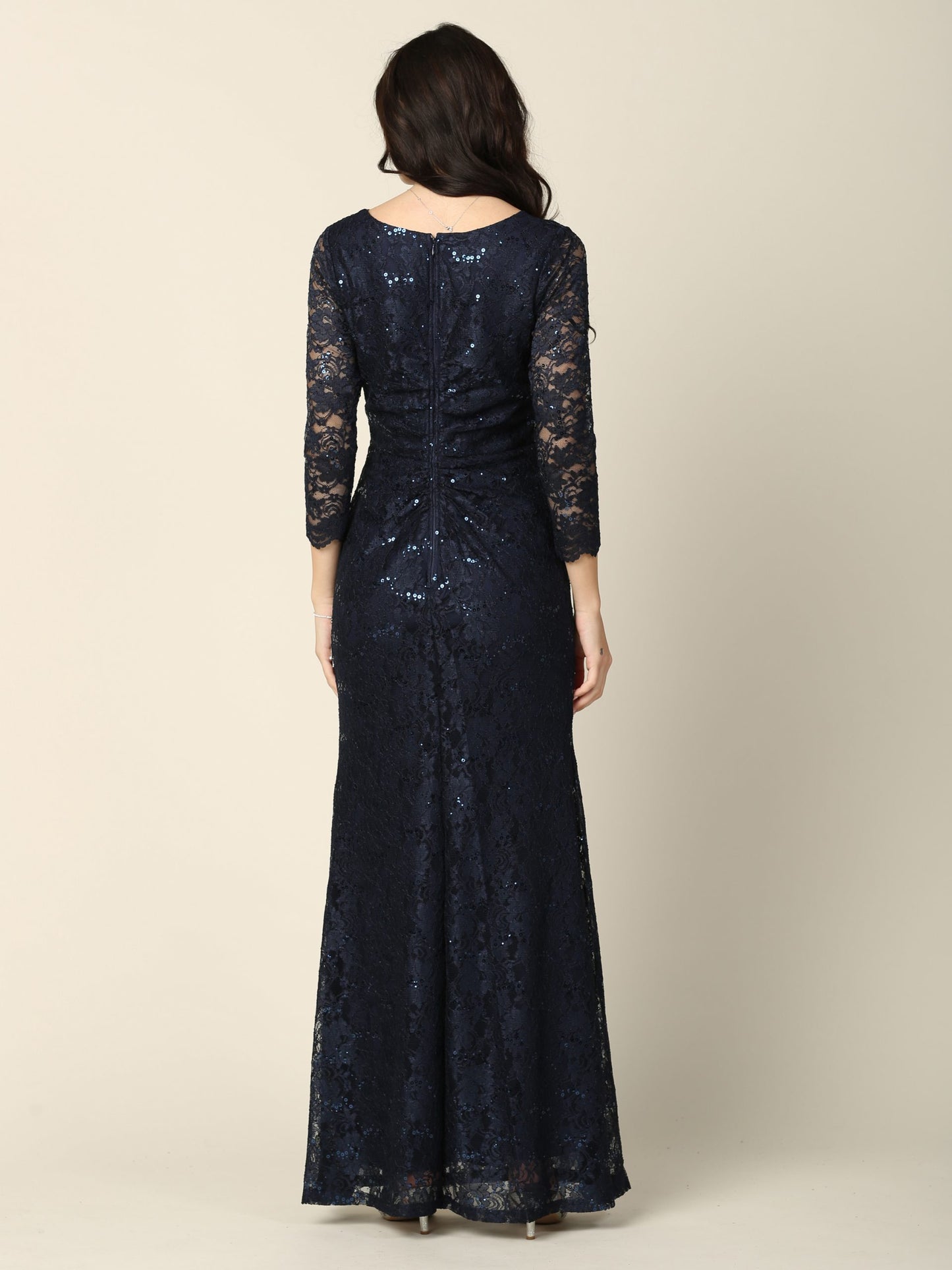 EA24-3397 SHEATH 3/4 SLEEVE LACE DRESS WITH RUCHING DETAILS