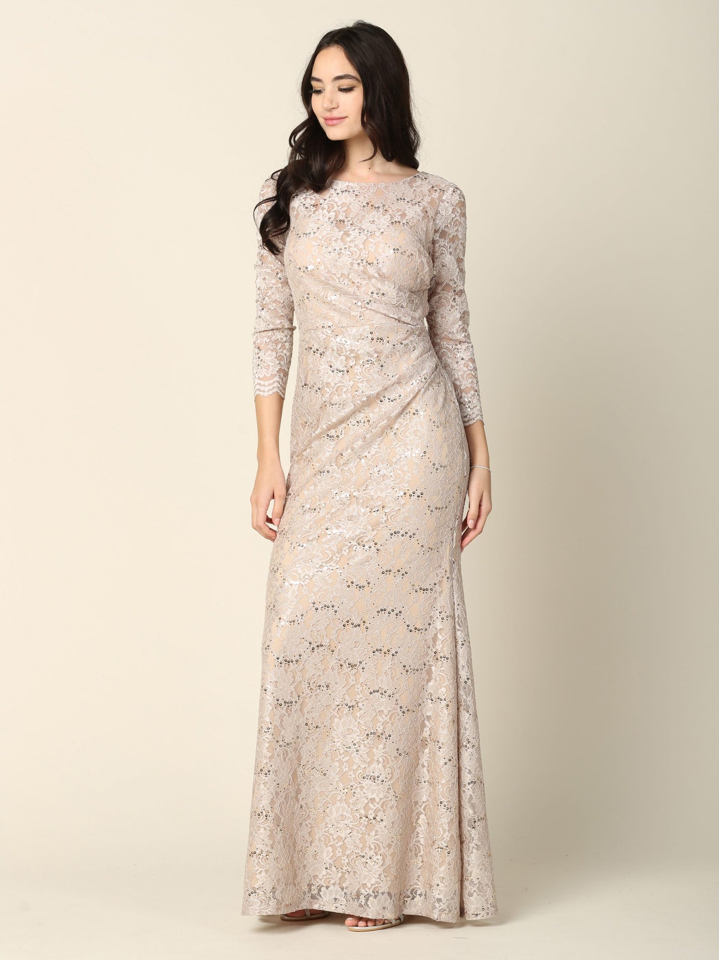 EA24-3397 SHEATH 3/4 SLEEVE LACE DRESS WITH RUCHING DETAILS