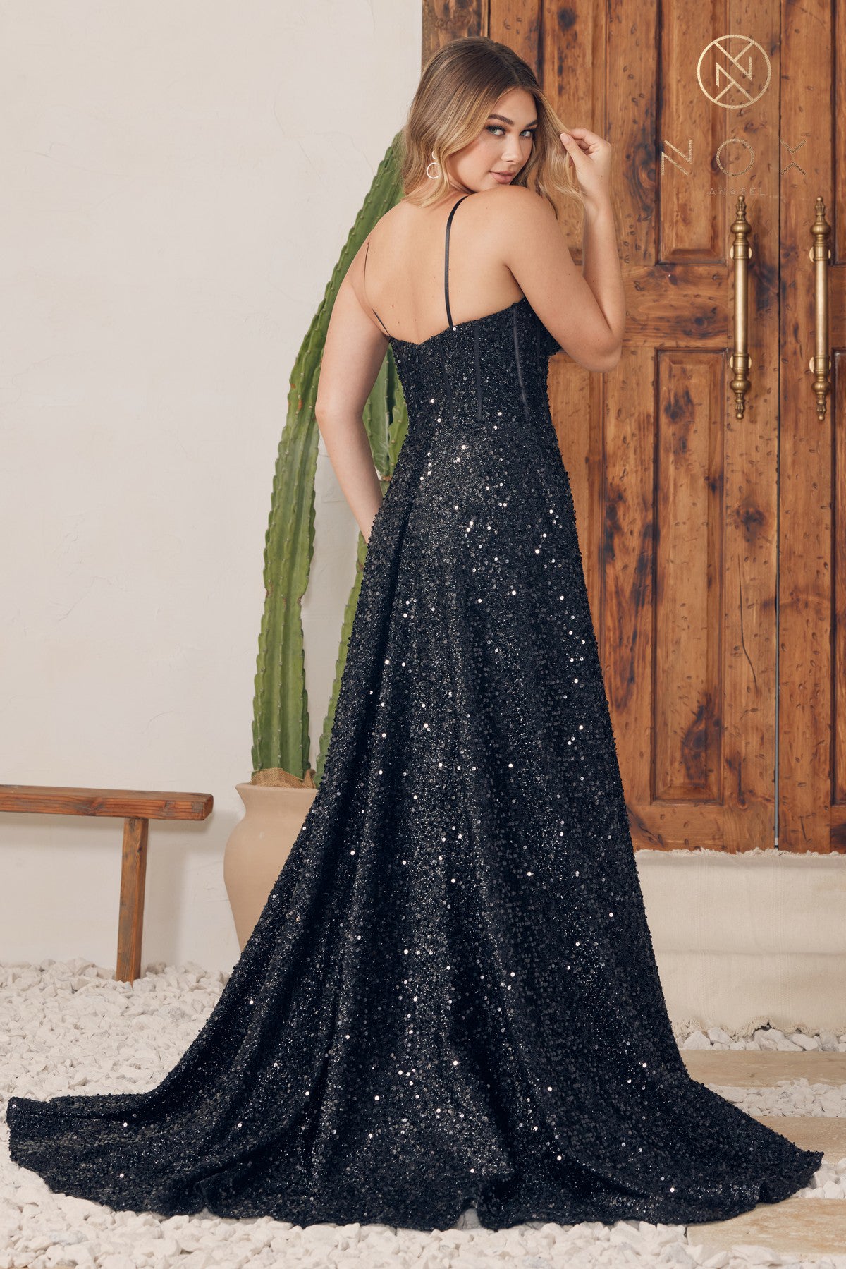 NA24-A1241 Sequin A-Line Gown, Sweetheart Neckline ,Straps, Boned Bodice, Leg Slit