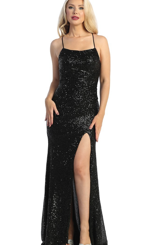 LT24-7757L Sequin Fitted Gown Straps Crisscross Back Zipper Closure