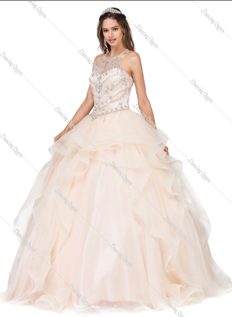 DQ24-1279 Illusion Halter Ruffled Quinceanera Gown