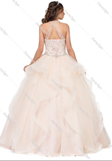 DQ24-1279 Illusion Halter Ruffled Quinceanera Gown