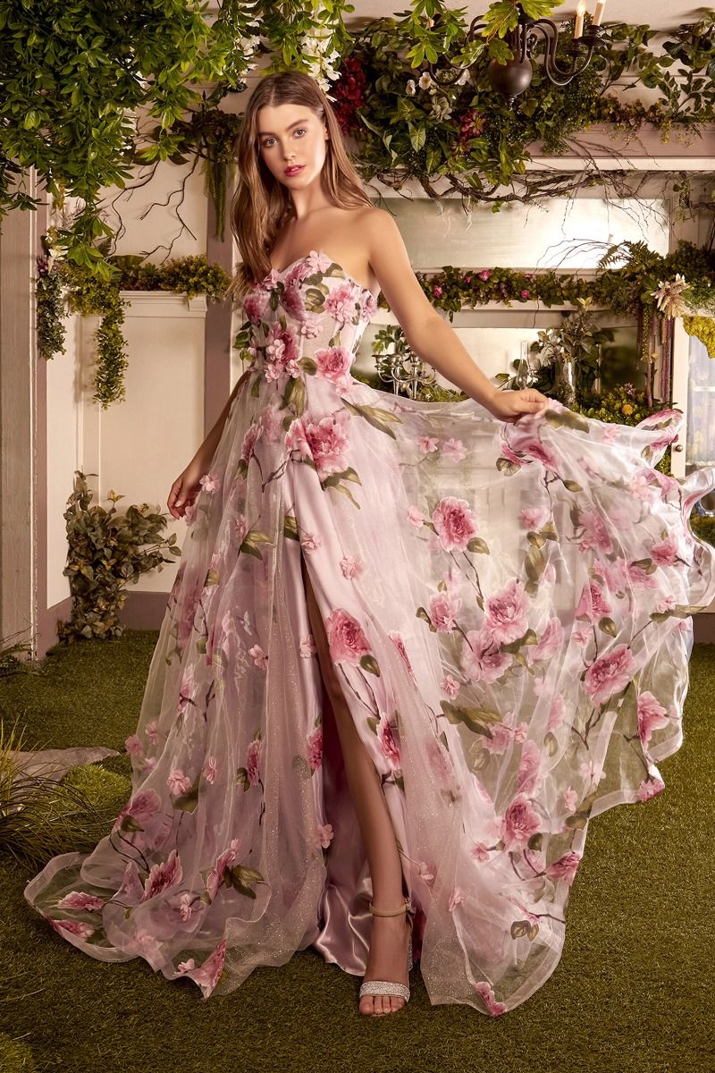 CD24-A1035 PORTRAIT OF A ROSE PRINTED ORGANZA GOWN