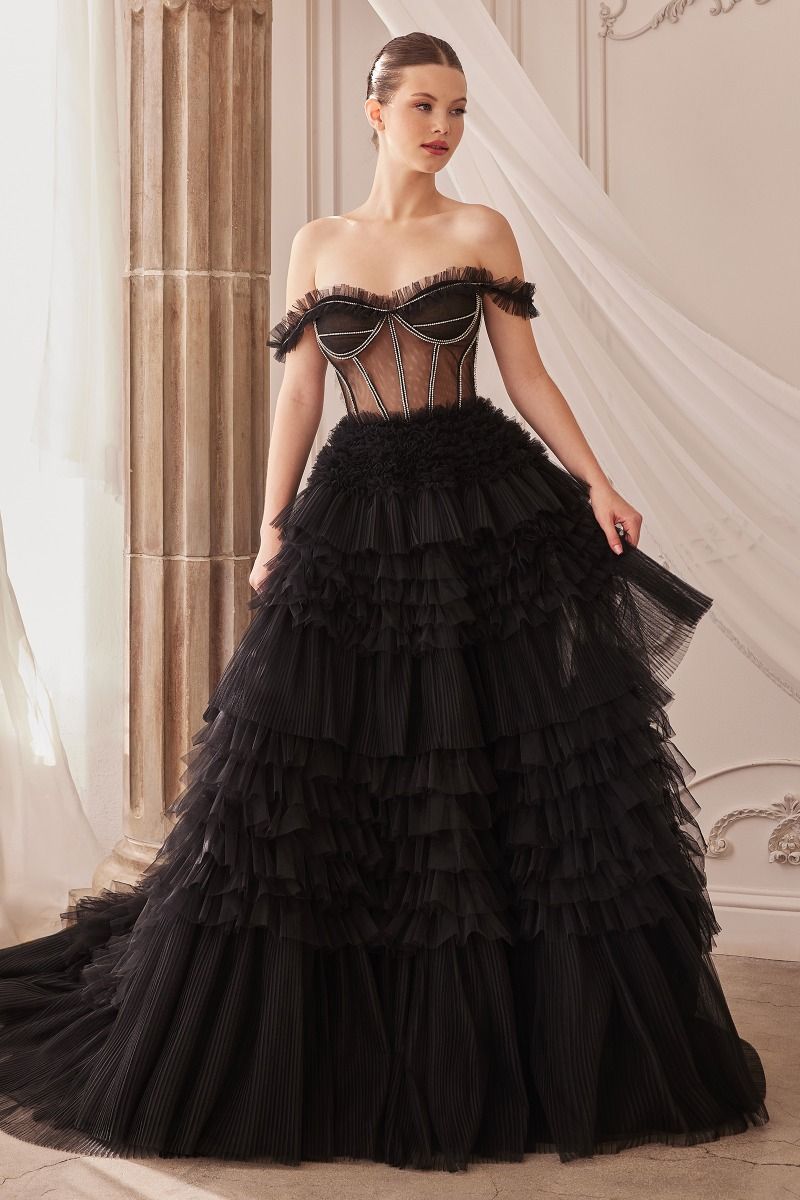 CD24-A1150 RHINESTONE CORSET RUFFLE GOWN