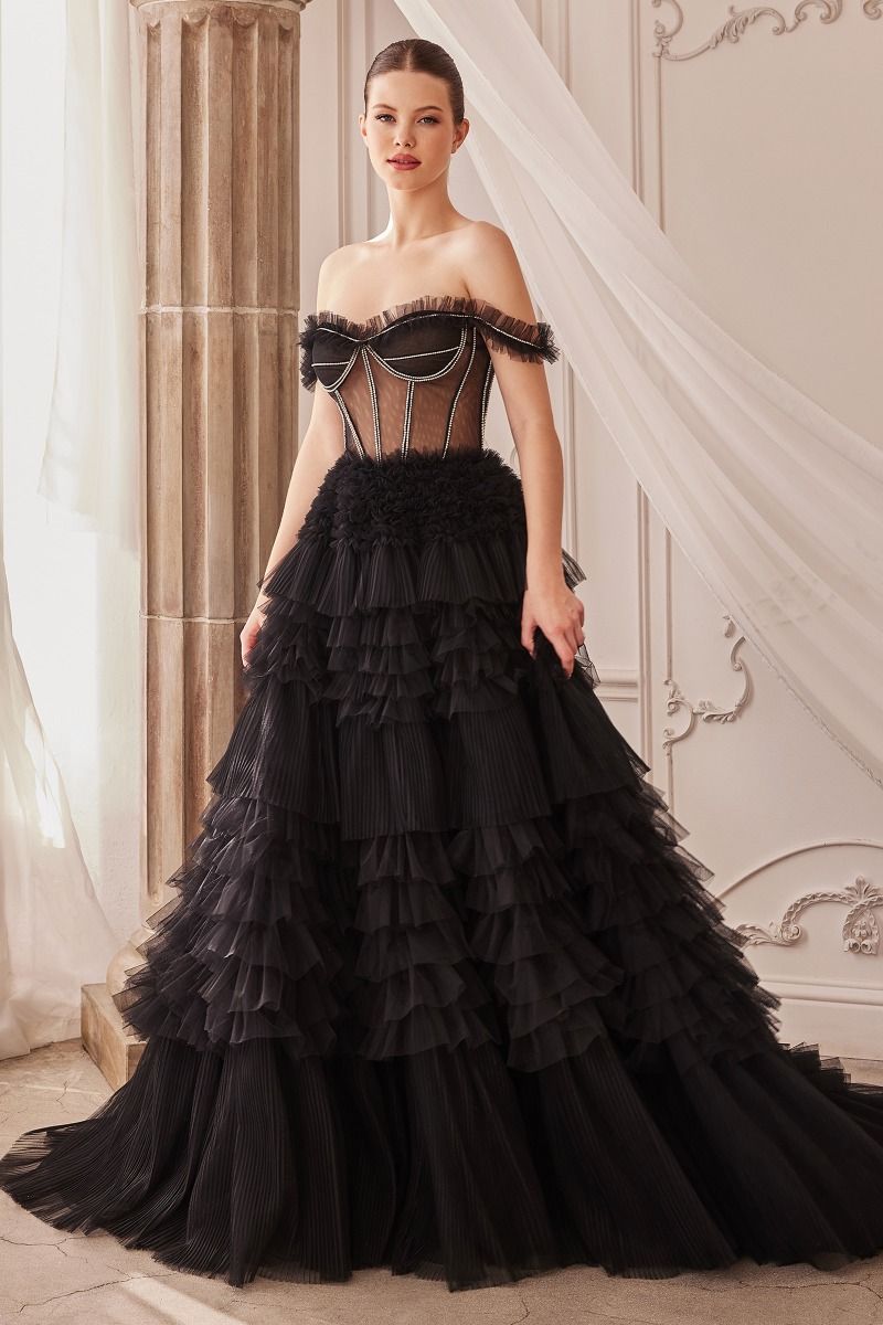 CD24-A1150 RHINESTONE CORSET RUFFLE GOWN