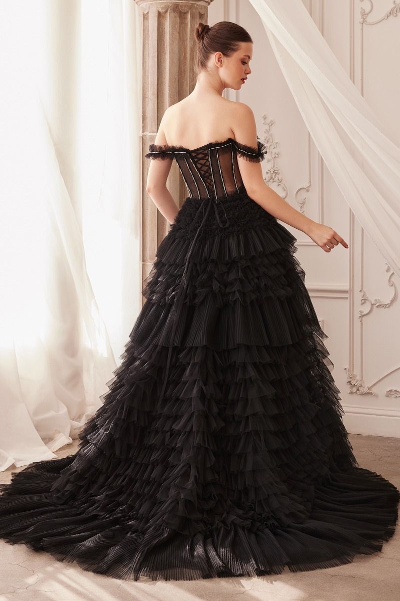 CD24-A1150 RHINESTONE CORSET RUFFLE GOWN