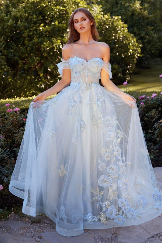 CD24-A1246 OFF THE SHOULDER FLORAL APPLIQUE BALL GOWN