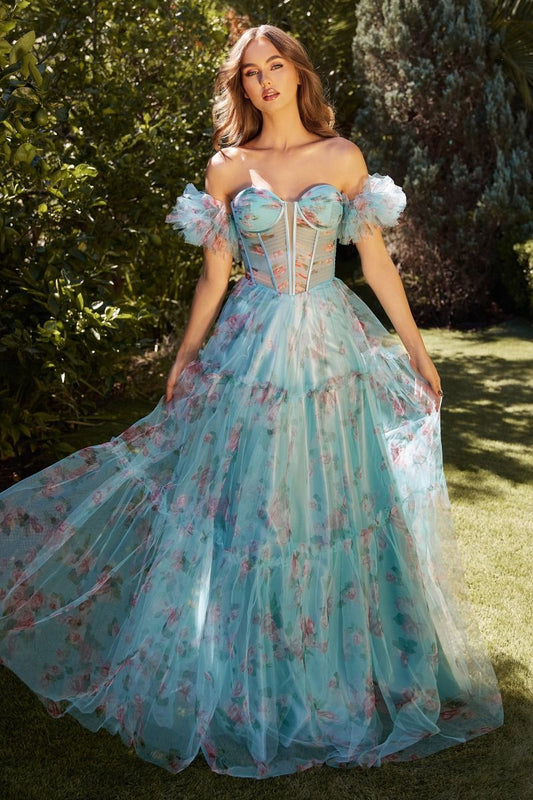 CD25-A1285 BLUE FLORAL PRINTED BALL GOWN