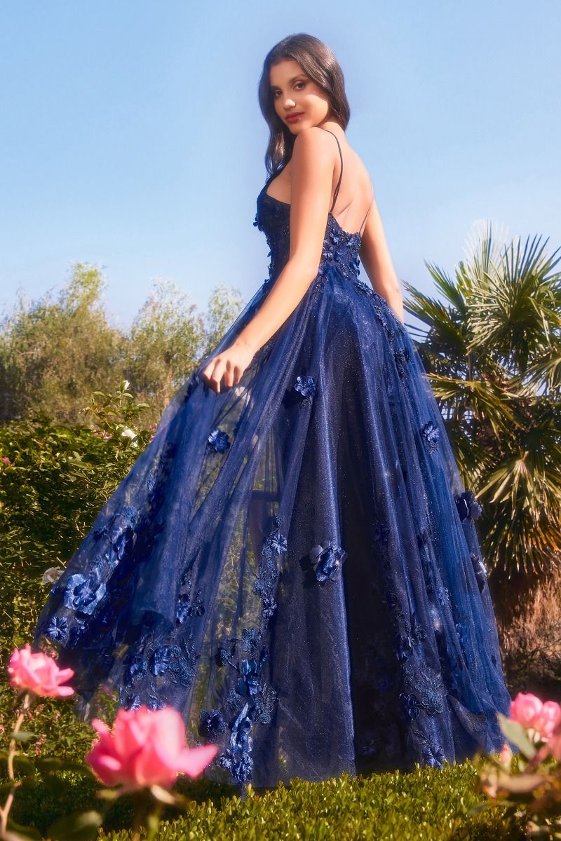 CD24-A1326 TULLE A-LINE FLORAL APPLIQUED GOWN