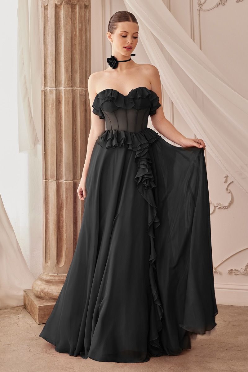 CD25-A1341 STRAPLESS CHIFFON RUFFLE A-LINE DRESS