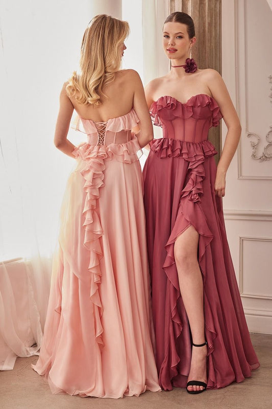 CD25-A1341 STRAPLESS CHIFFON RUFFLE A-LINE DRESS