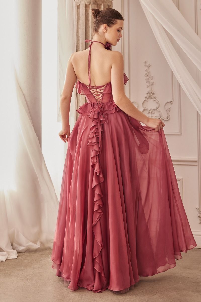 CD25-A1341 STRAPLESS CHIFFON RUFFLE A-LINE DRESS