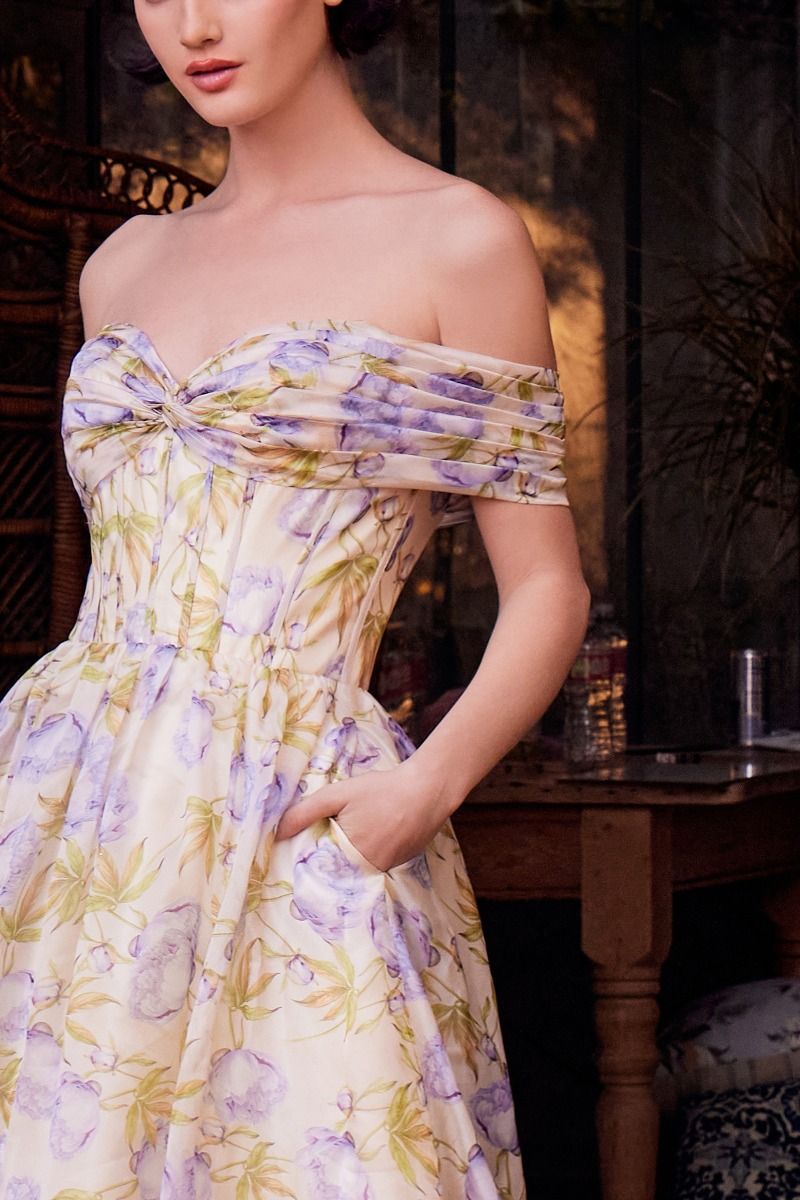 CD25-A1466 FLORAL PRINTED OFF THE SHOULDER A-LINE DRESS