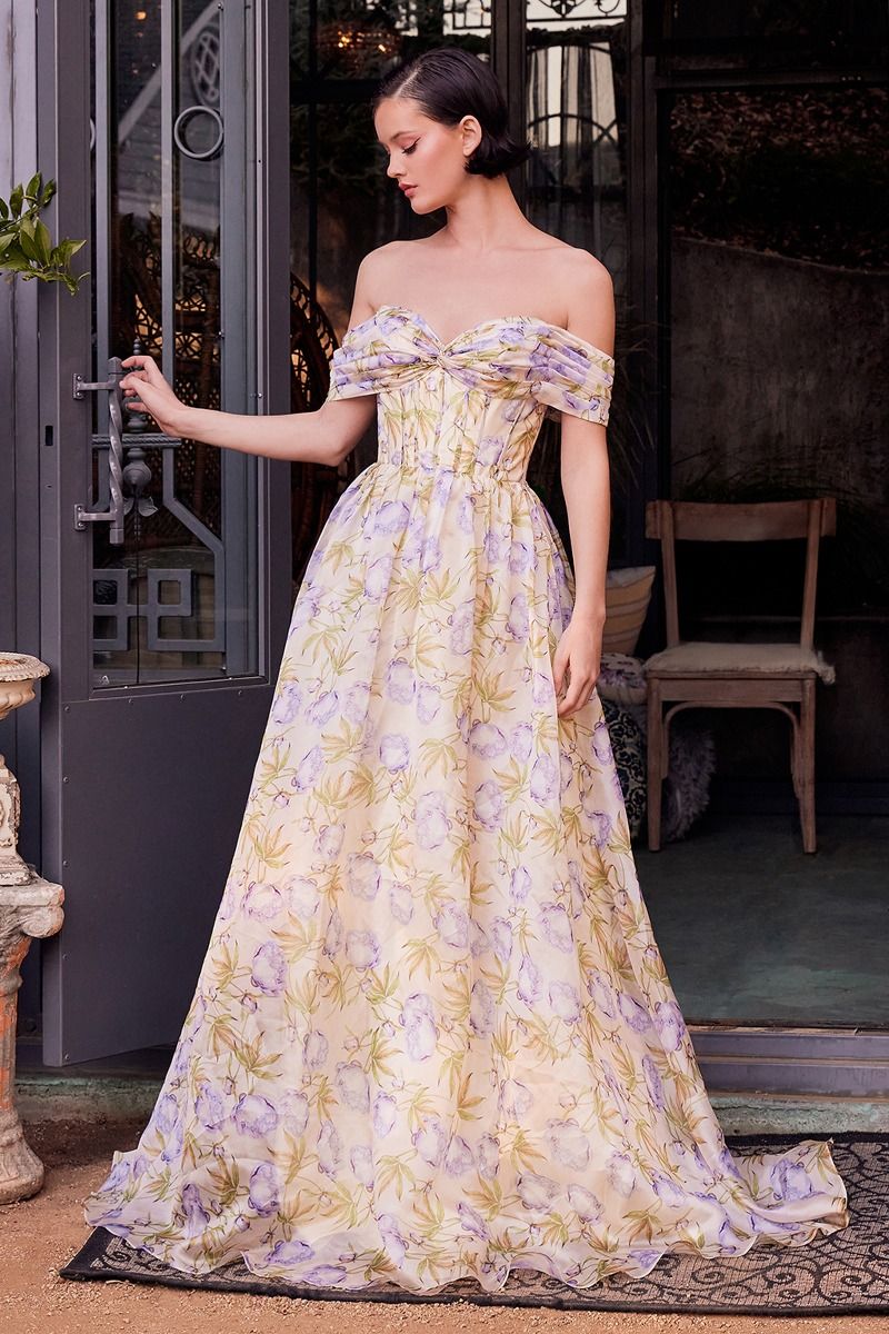CD25-A1466 FLORAL PRINTED OFF THE SHOULDER A-LINE DRESS