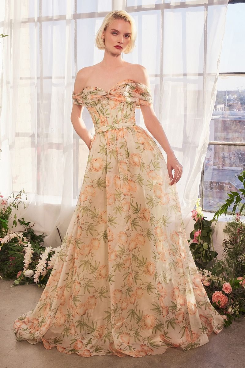 CD25-A1466 FLORAL PRINTED OFF THE SHOULDER A-LINE DRESS