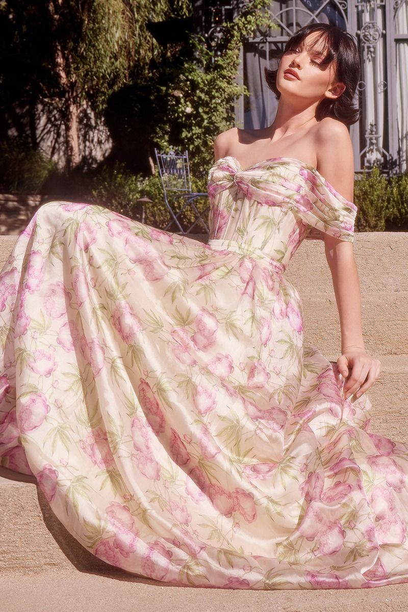 CD25-A1466 FLORAL PRINTED OFF THE SHOULDER A-LINE DRESS