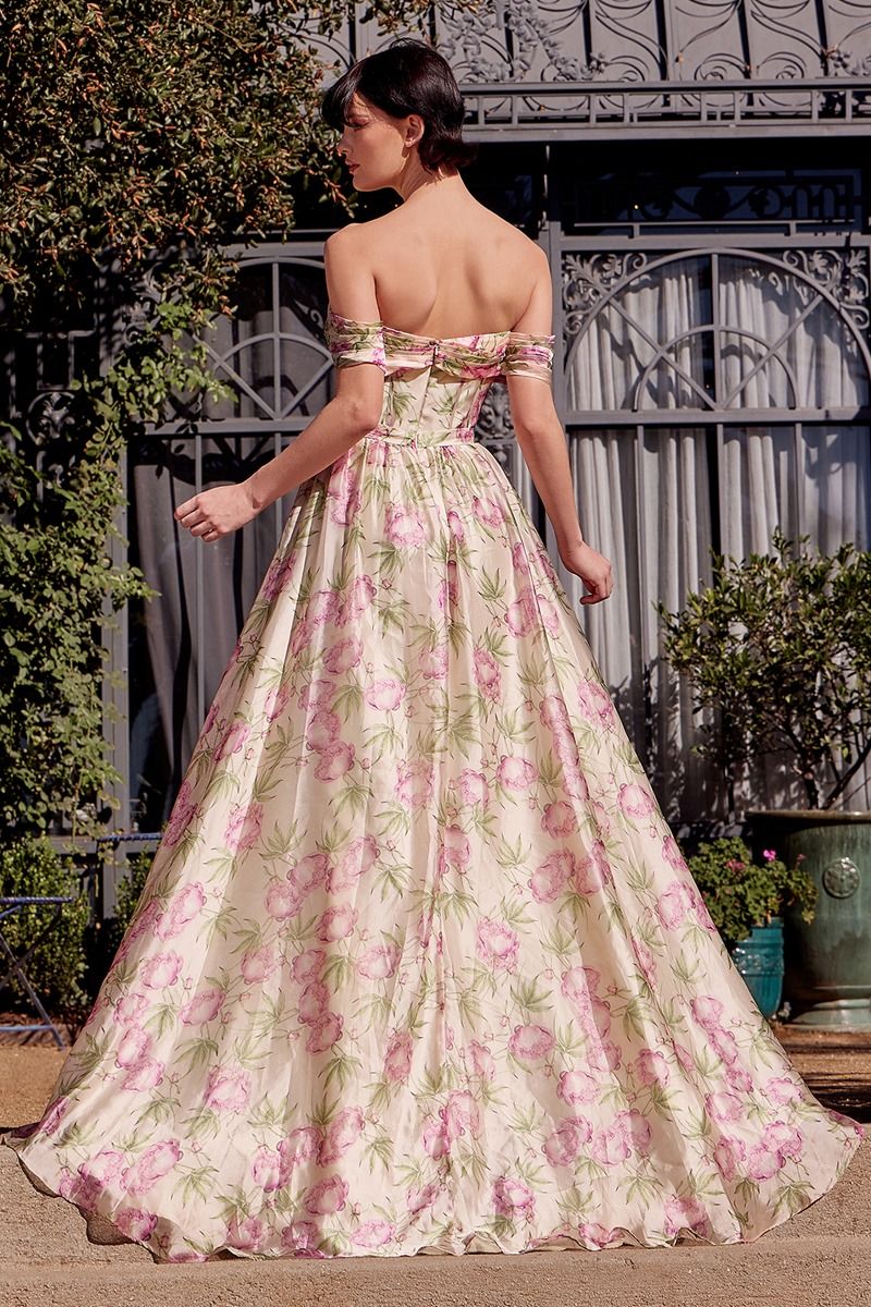 CD25-A1466 FLORAL PRINTED OFF THE SHOULDER A-LINE DRESS
