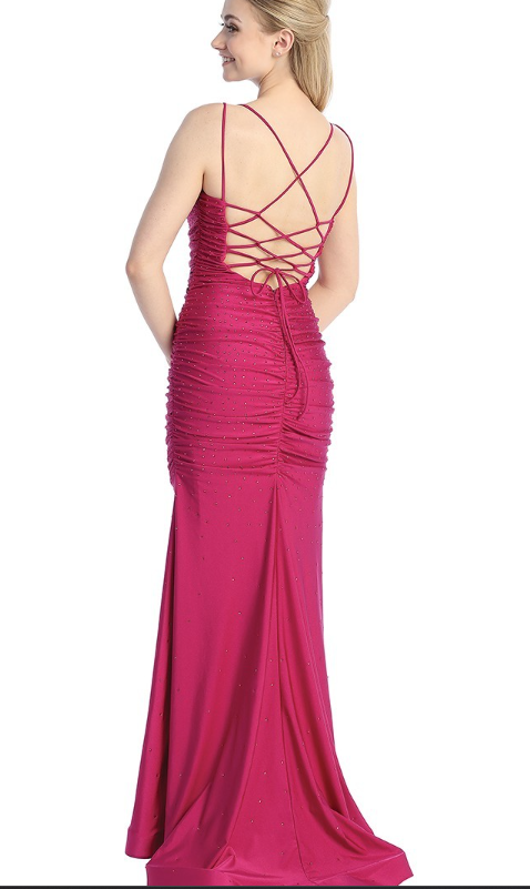 LT24-7778L Satin Hot Stone Straps Lace up Gown