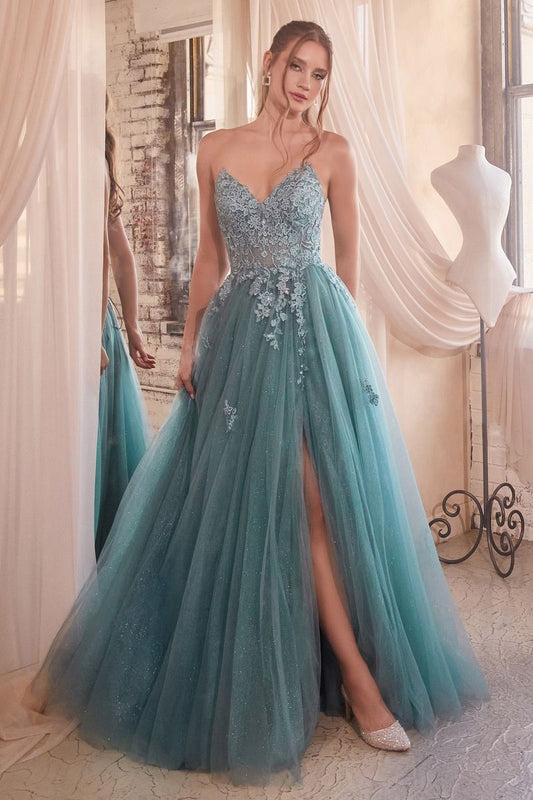 CD24-C148 STRAPLESS A-LINE LACE & TULLE DRESS